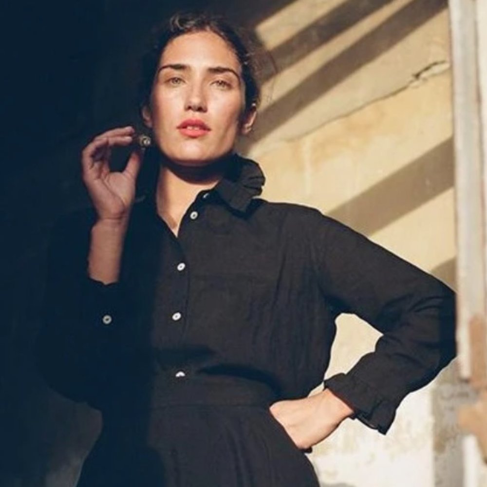 Beatrice Valenzuela Black Linen Ranchera Blouse with Ruffled Collar